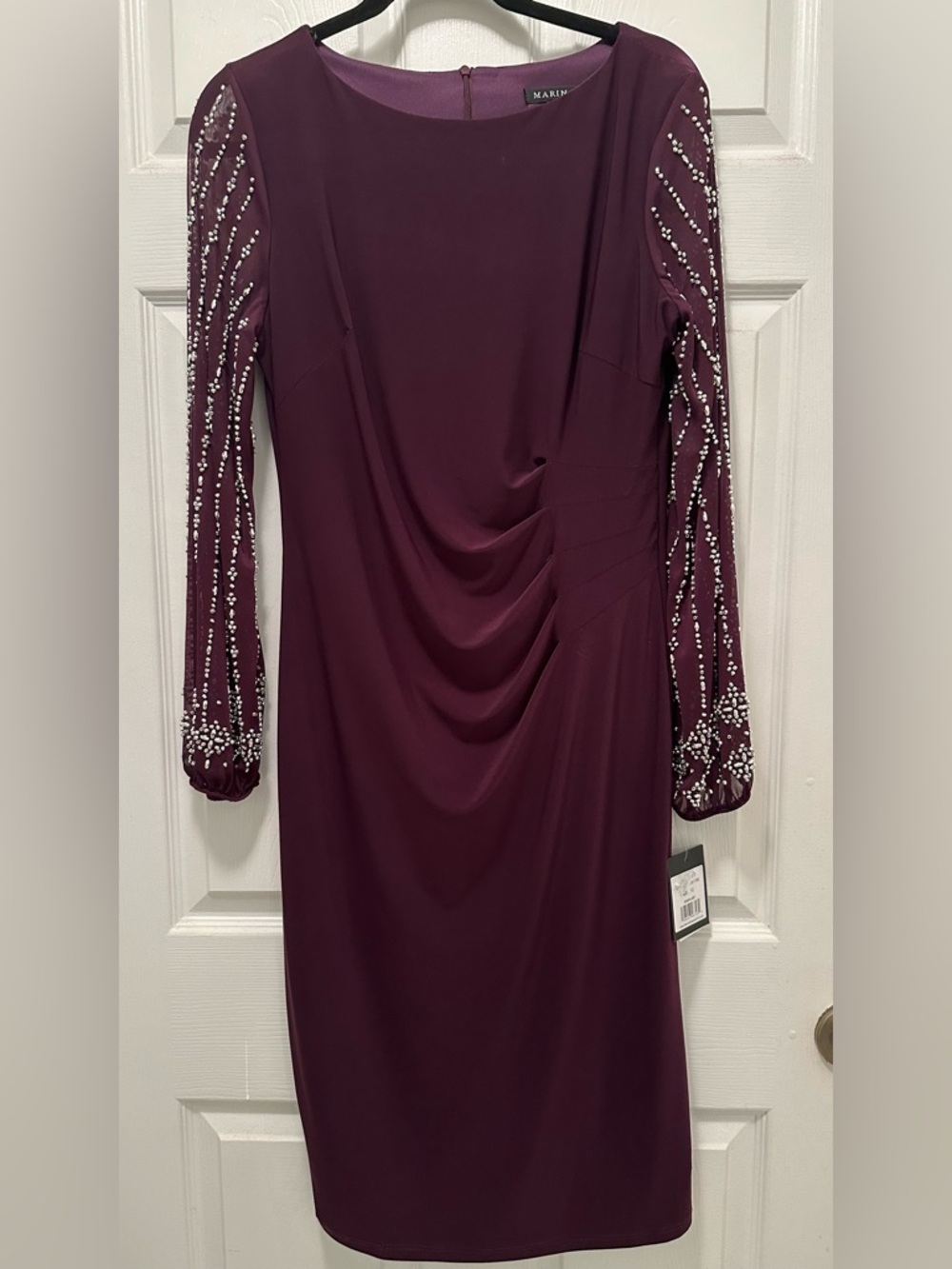 MARINA Plum Long-Sleeve Beaded Draped Sheath Dress